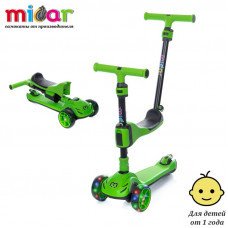 Самокат-беговел 3 в 1 Scooter Micar Transformer складной со светящимися колесами, сиденьем и родительской ручкой Зелёный (Арт. Ro 208)