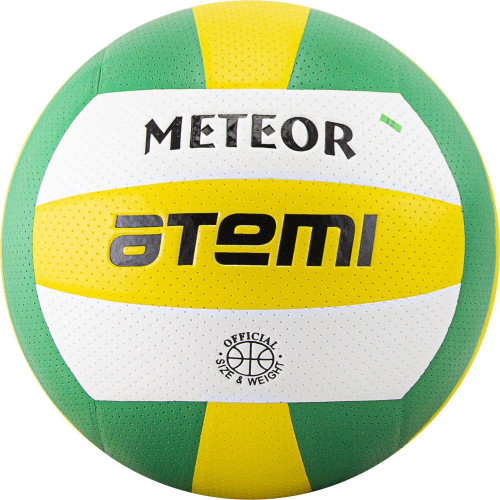 Мяч волейбольный Atemi METEOR, синтетическая кожа PVC, 18 п, зел.-жёлт.-бел., клееный, окруж 65-67